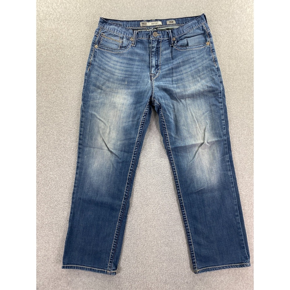 BKE Jeans Men's 36 Seth Straight Stretch Faded (Fits 34x30) Med Wash Embroidered